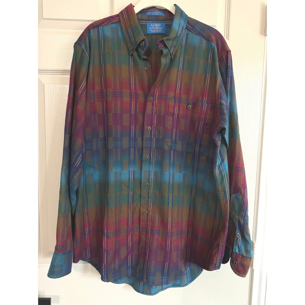 Lobo Pendleton Button Down Mens L Plaid Wool Blend Long Sleeve Shirt Vintage